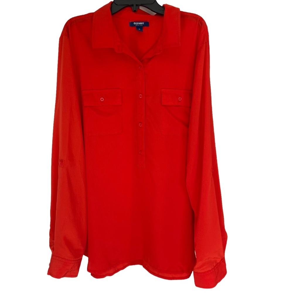 Old Navy women’s XL popover shirt orange roll tab sleeve collared vintage silky